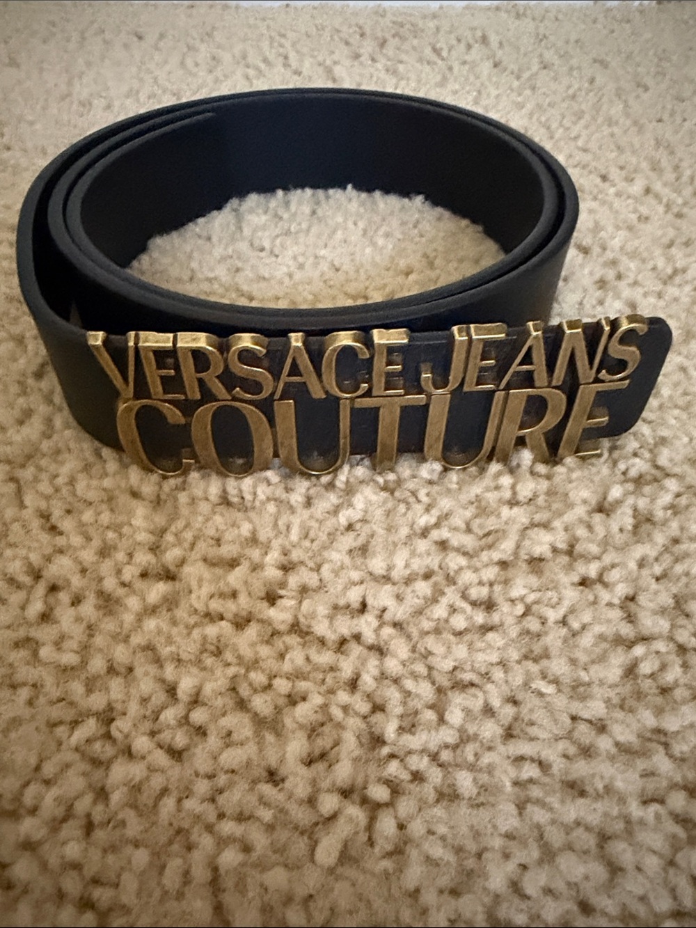 Versace Jeans Couture Black Leather Logo Belt with Gold Buckle
